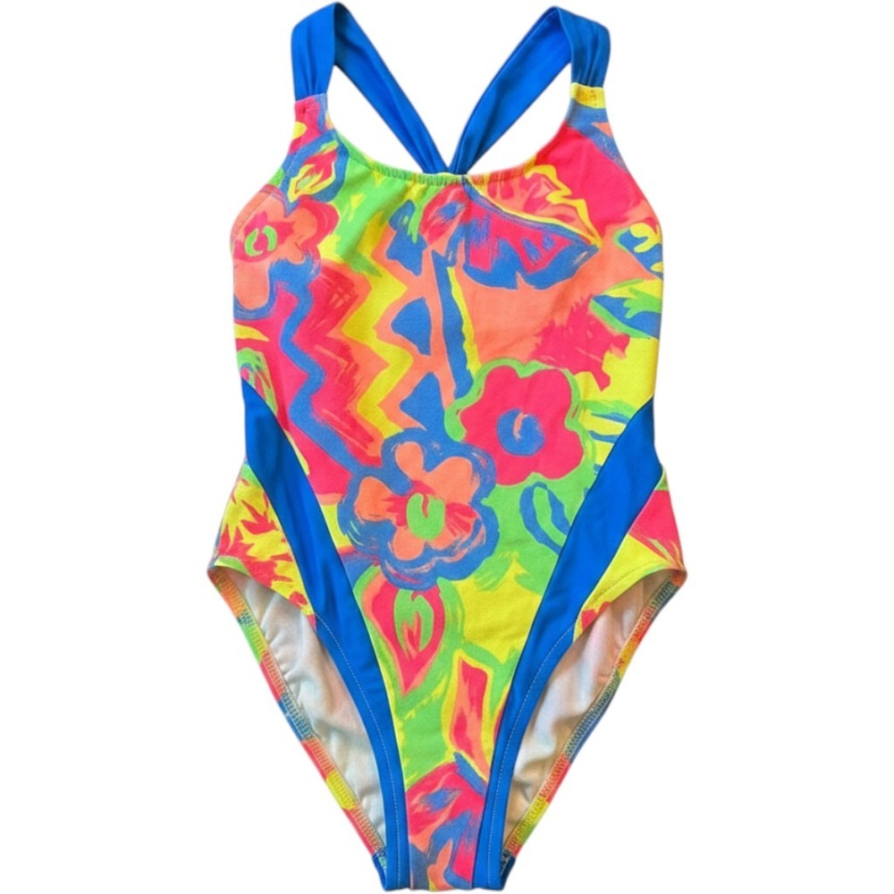 Vintage Backflips Neon Abstract Floral One Piece Swimsuit High Cut T-Back Pink L